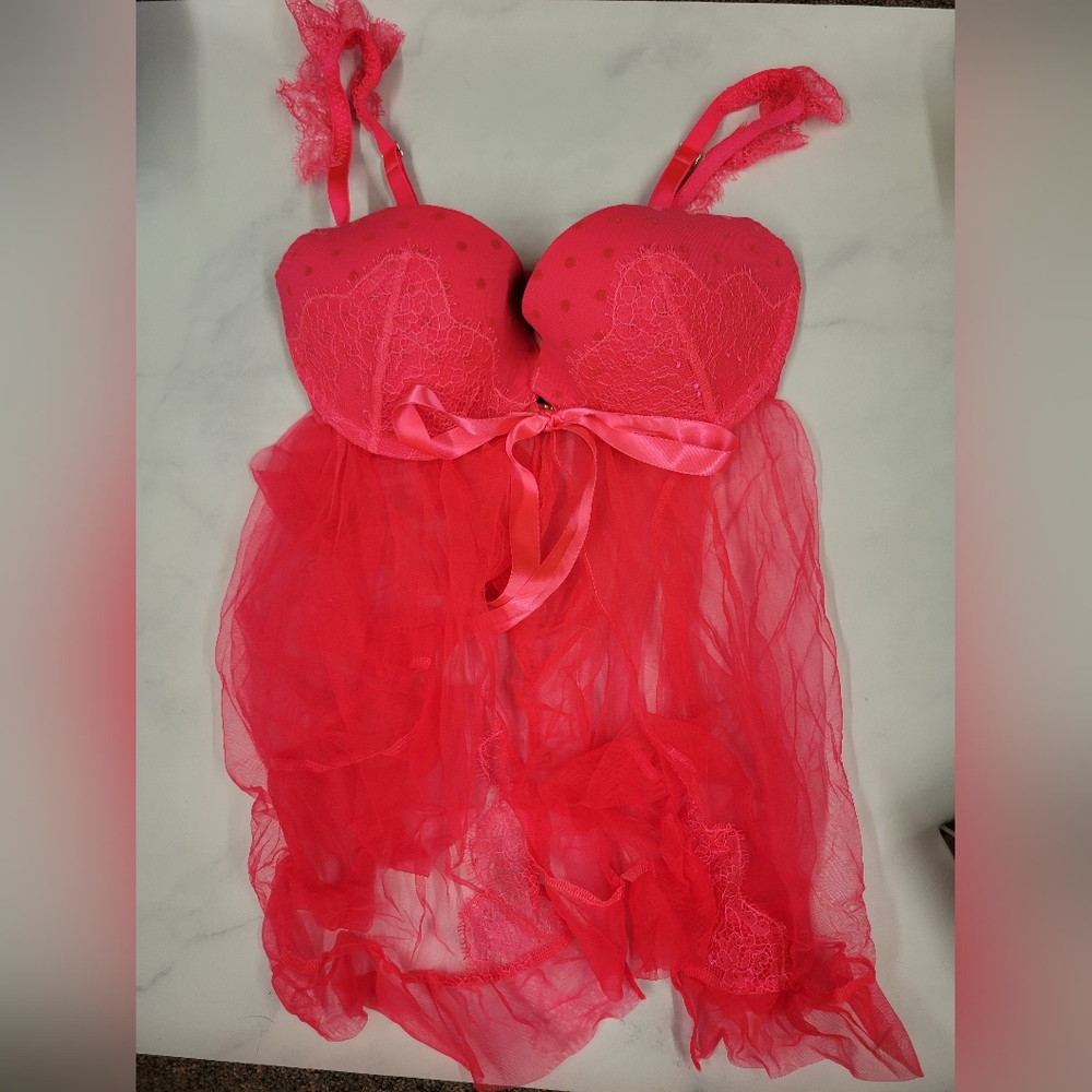 NWOT Victoria's Secret Hot Pink Teddy with Polka Dot and Lace Detail 34D
